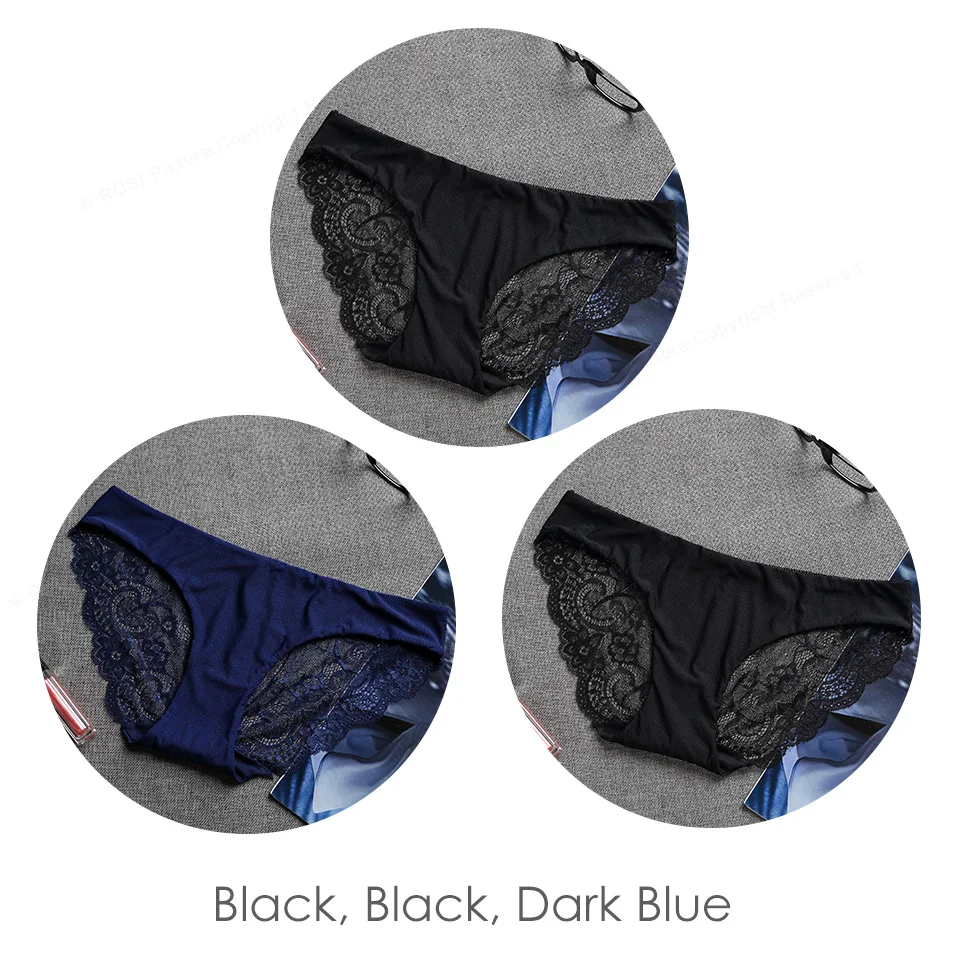 Black Black Blue Новинка, сексуальные шелковые бесшовные трусики для женщин, прозрачные кружевные танга, дышащая сетка, низкая посадка, нижнее белье для женщин, нижнее белье, 3 шт - Цвет: Black Black Blue