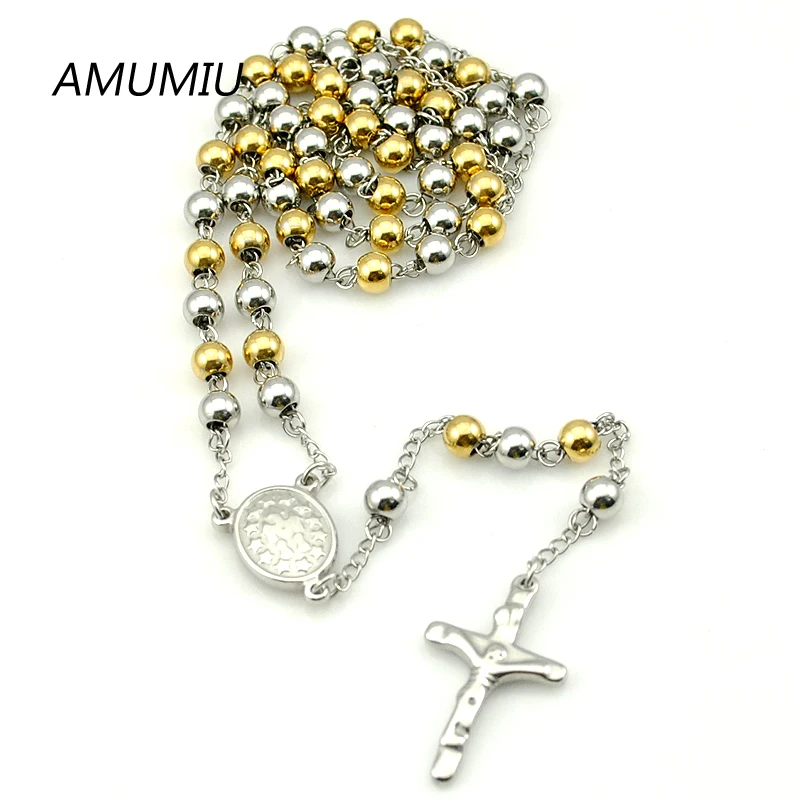 AMUMIU Модные 8 мм Ожерелье Браслет наборы золотого цвета из нержавеющей стали четки