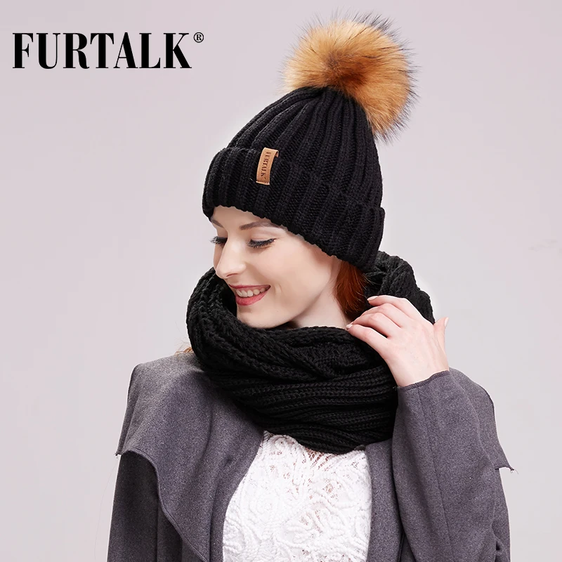 FURTALK зимняя шапка шарф набор для женщин с меховым помпоном женская теплая и кольцо черный белый цвет|hat scarf