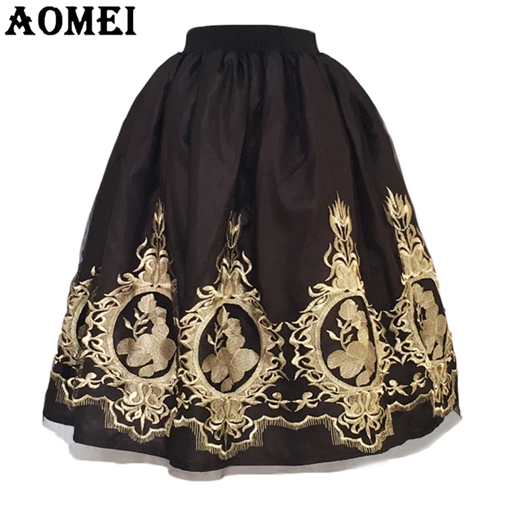 Женские Летние черные миди Тюлевая юбка с вышивкой цветок Faldas высокая Талия Тюль