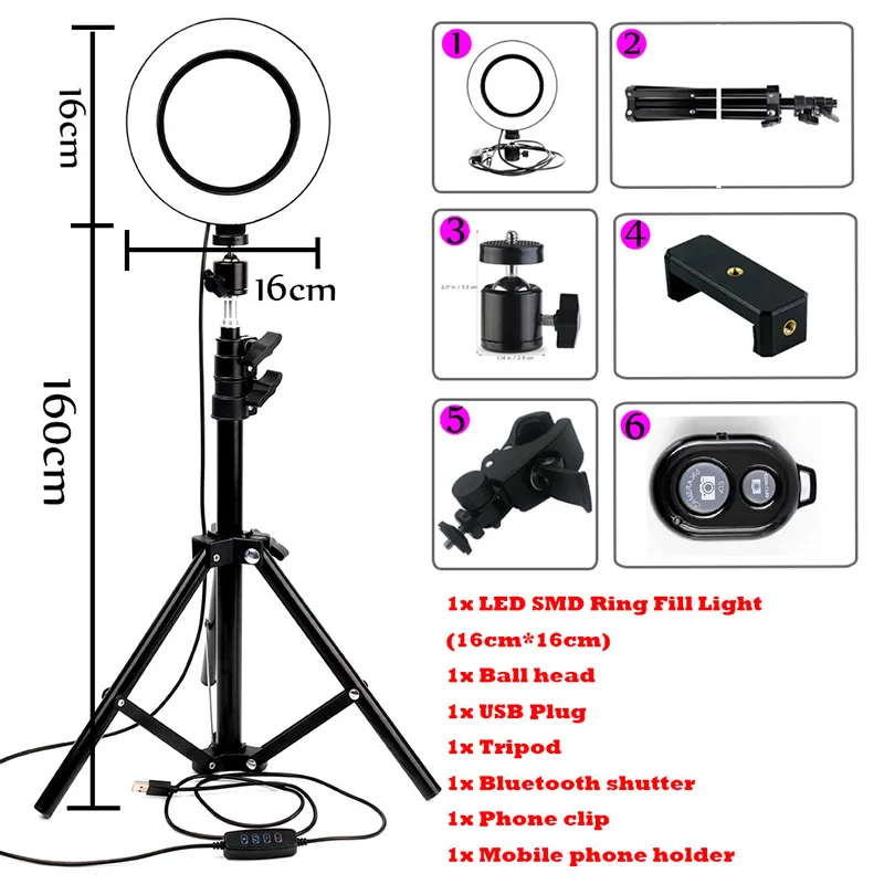 Blue Светодиодный кольцевой светильник для селфи фотографический светильник ing camera Phone Video Studio Гибкий Настольный кольцевой светильник с подставкой USB разъем для макияжа - Color: Blue