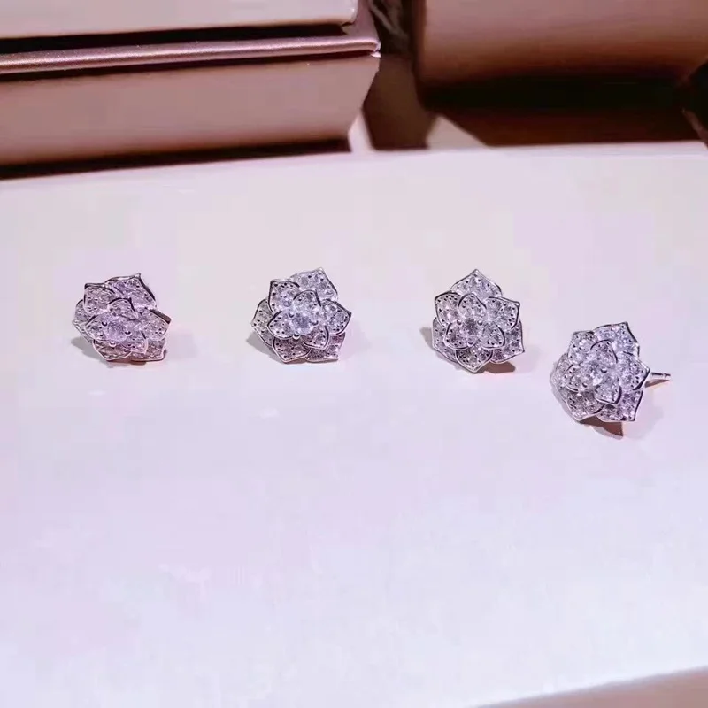 BM модные 925 пробы, серебряные серьги-гвоздики с кристаллами, цирконием, розой, Камелия, женские свадебные элегантные ювелирные изделия