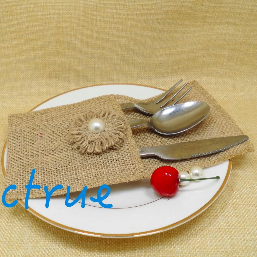 12 шт. цветочный дизайн Мешковина держатель для столового серебра столовых