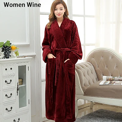 Women Wine Лидер продаж, длинный теплый банный халат из кораллового флиса для влюбленных, мужской зимний супер мягкий фланелевый банный халат кимоно, мужской халат, мужские халаты s - Цвет: Women Wine