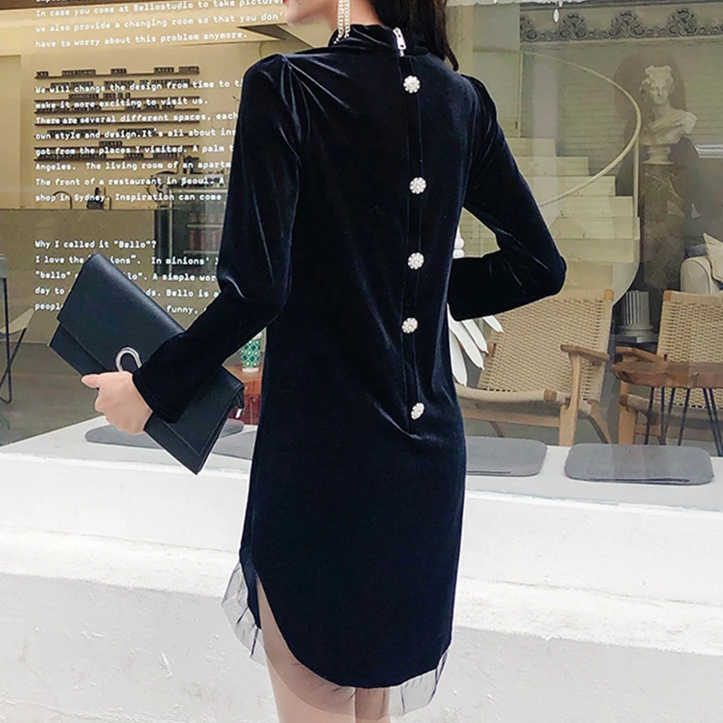 French Style Egg Women Dress Long Sleeve Stand Collar Mini Black Velevt Brand Designer Runway Elegant Party Vestidos | Женская одежда
