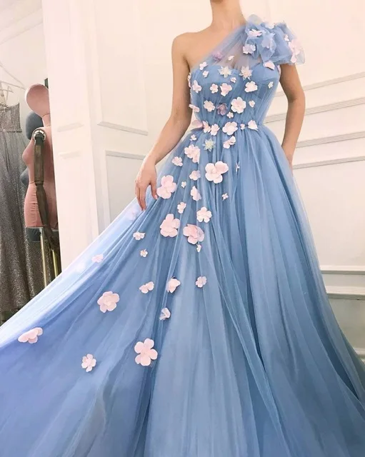 

Charming Sexy Sleeveless Tulle A Line Long Prom Dresses 2019 One Shoulder 3D Flowers Appliques Floor Length Prom Party Dress