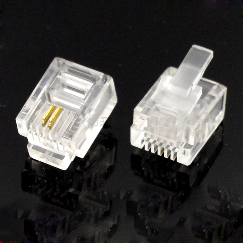 50 шт. RJ11 кристалл разъем 6P2C двухпроводной телефонный позолоченный медный ПК