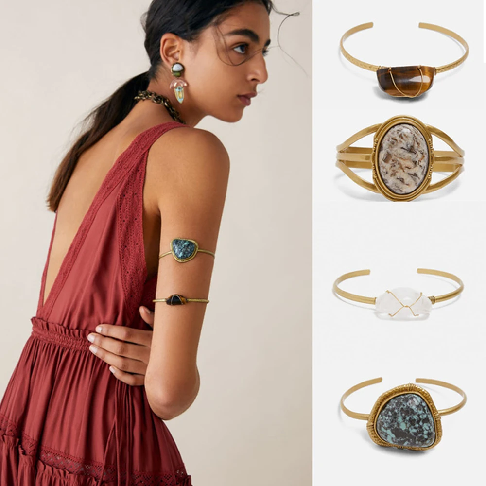 Ladyfirsy ZA Adjustable Open Bangle Party Gifts Statement Accent Stone Arm Bracelets for Women Wedding Jewelry Dropshipping Gift | Украшения
