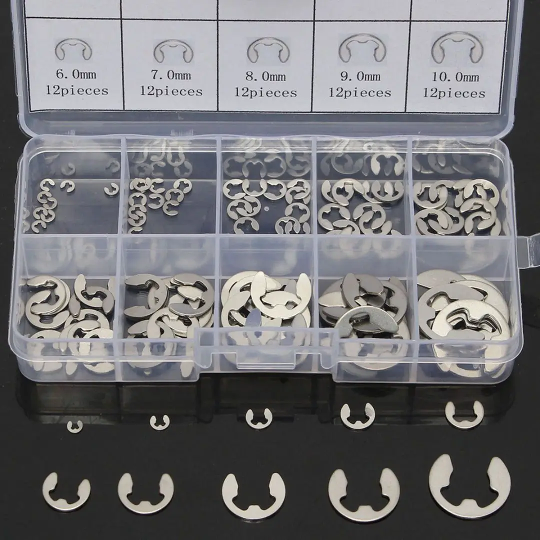 

120x Stainless E-Clip Washer Assortment Kits Retaining Snap Ring Circlip Kit 1.5mm to 10mm Circlip Washer Hardware Accessories