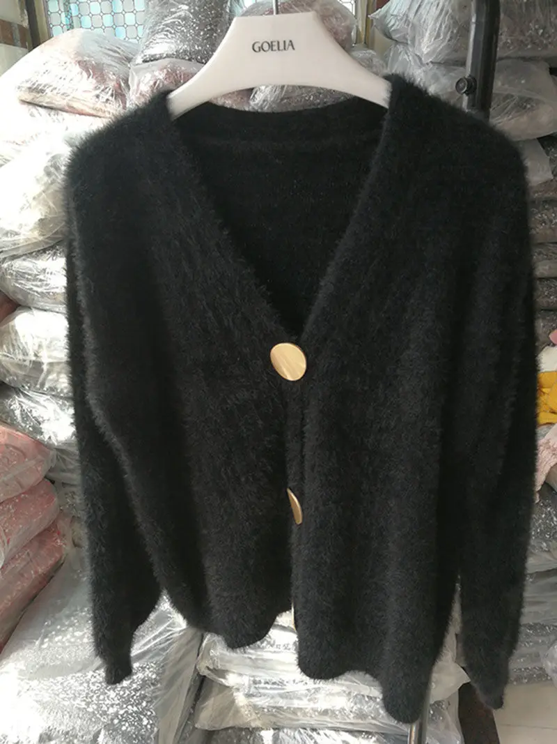 Faux Mink Cardigan Women Clothes 2020 Autumn Winter Outerwear V-Neck Kardigan Jumper Pull Femme Casual Loose sweater |