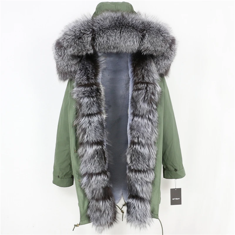 green silver OFTBUY длинная парка, пальто с натуральным мехом, зимняя куртка для женщин, Воротник из натурального Лисьего меха, Толстая теплая брендовая Роскошная Съемная уличная одежда - Цвет: green silver