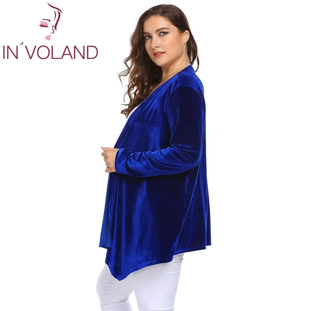 IN'VOLAND Big Size 4XL Women Sweater Cardigan Autumn Spring Long Sleeve Open Front Velvet Draped Casual Lady Plus Tops |