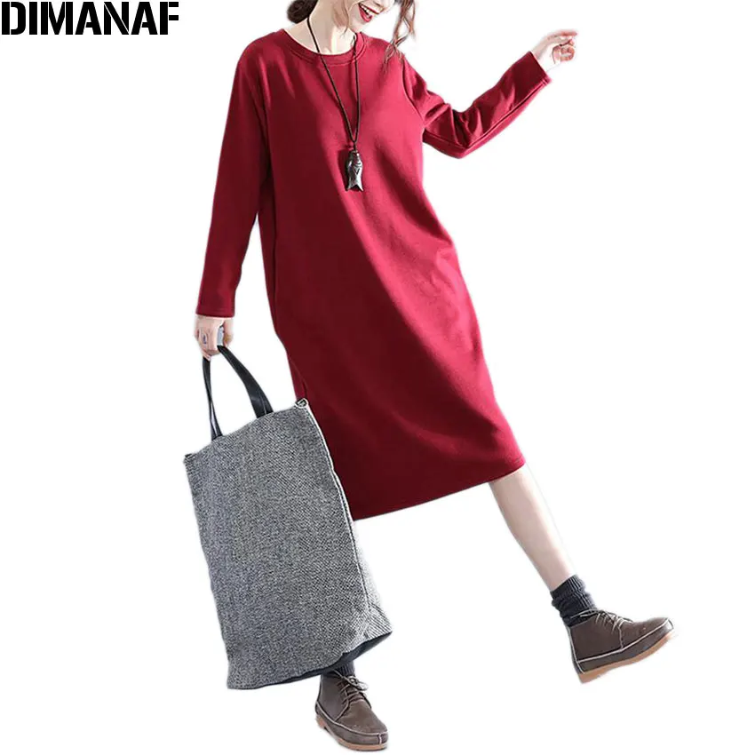 Женское платье из хлопка DIMANAF однотонное теплое оверсайз без отделки