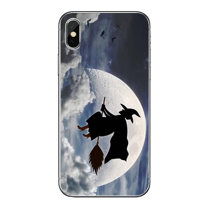For Samsung Galaxy Note 8 9 S9 S10 A8 A9 Star Lite Plus A6S A9S TPU Transparent Cover Halloween Witch Flying Broom Over Moon Art |