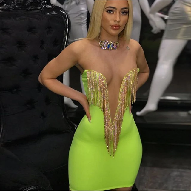 Summer New Women Fashion Sexy Bandage Dress Fluorescent Green Spaghetti Mini Dress Celebrity evening Party Vestidos - Цвет: Fluorescent green