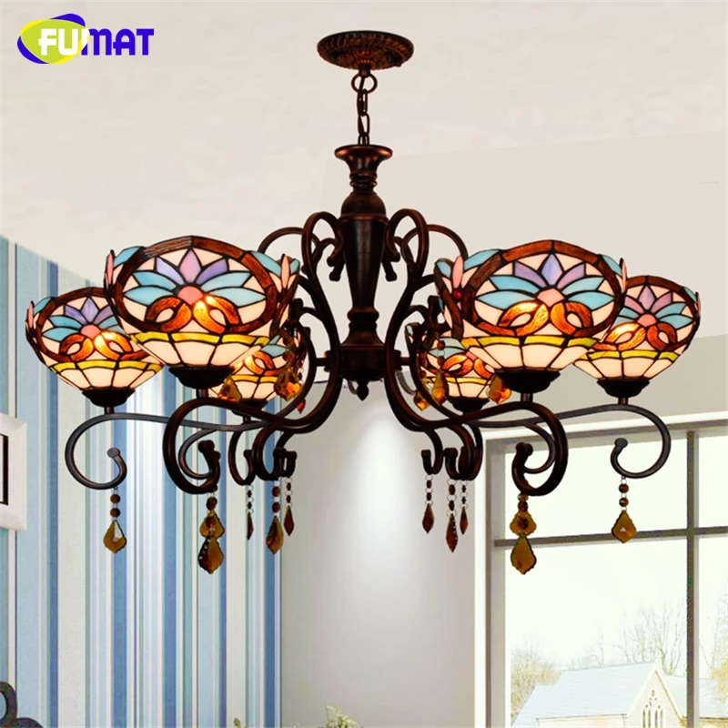 

FUMAT European Tiffany Creative Vintage Living Room Chandeliers Baroque Stained Glass Lights LED Art Crystal Colour Chandeliers