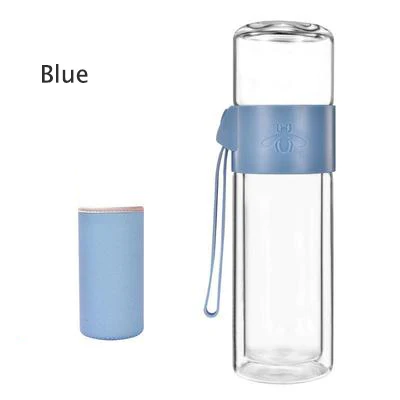 blue add cover Офисная деловая стеклянная бутылка для воды, портативная стеклянная бутылка с двойными стенками для чая, креативная прозрачная стеклянная Подарочная бутылка - Цвет: blue add cover
