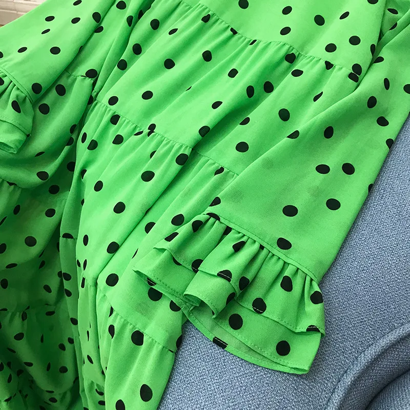 fall new deep V collar long sleeve dot print big swing loose long dress