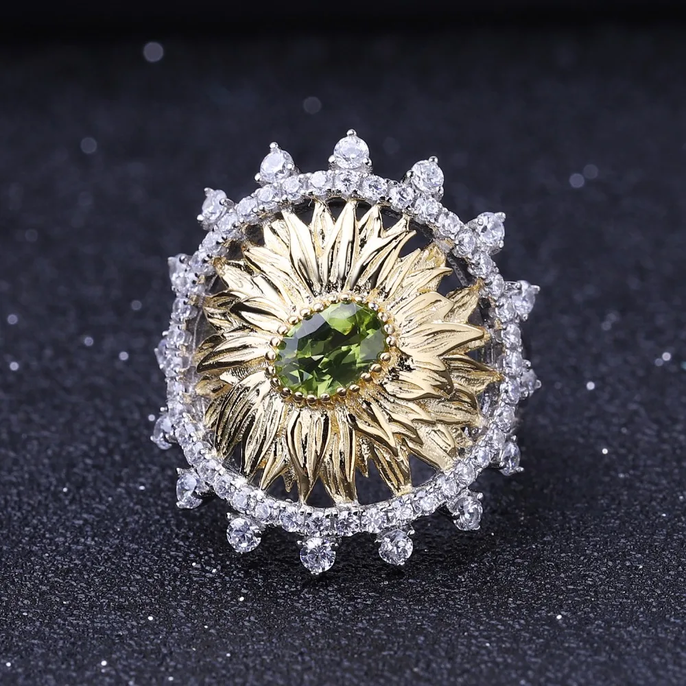 GEM'S BALLET 925 Sterling Silver Handmade Ring for Women Engagement 1.00Ct Natural Peridot Gemstone Sunflower Rings Fine Jewelry |