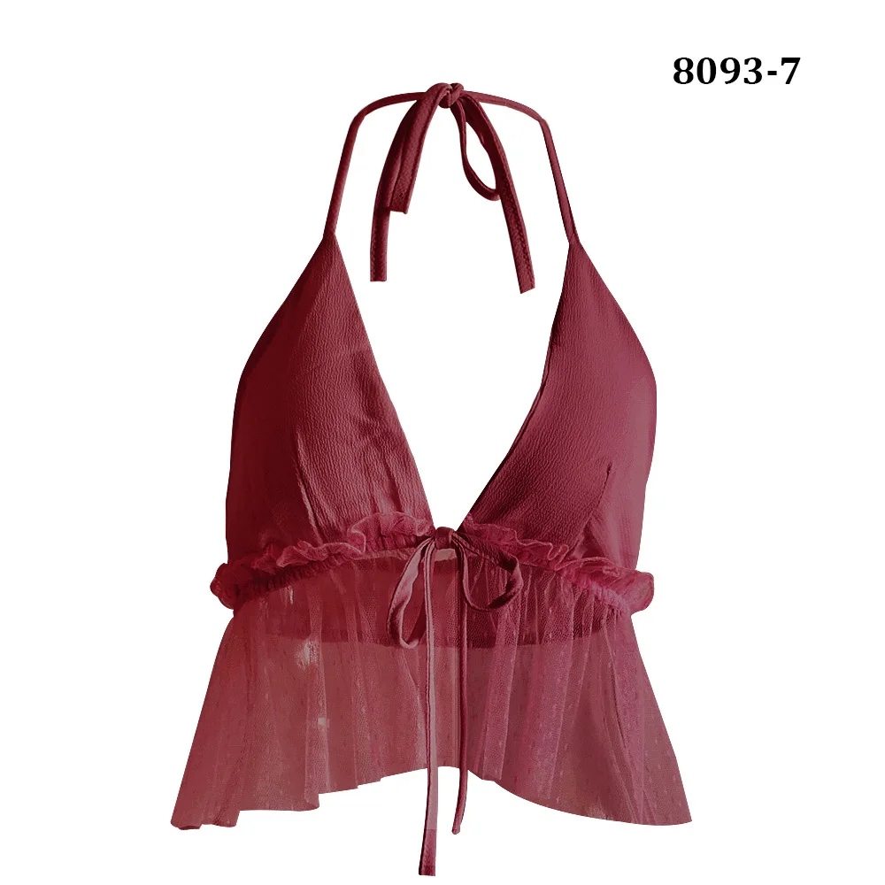 Sexy Mesh Halter Deep V-Neck Women's Laides Chiffon Solid Ruffles 8 Colors Tops Tees Tanks Camis Vests - Цвет: Wine Red