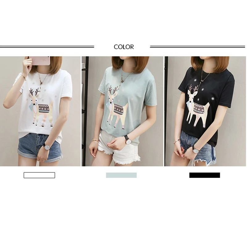New Women T Shirt Cartoon Fawn O-Neck Tops Tees Summer Female T-Shirt Deer Print Fashion Ladies Funny Clothes Plus Size M-5XL | Женская