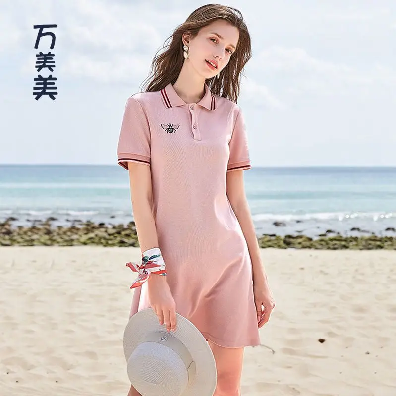 Лето 2019 Новый с коротким рукавом прямые цилиндр поло платье воротником и принтом