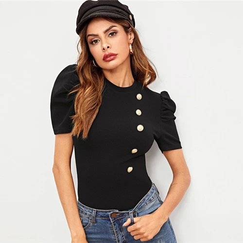 SHEIN Однотонный Топ С Коротким Рукавом И Пуговицами Стильная Блузка С Коротким Рукавом - Цвет: Черный