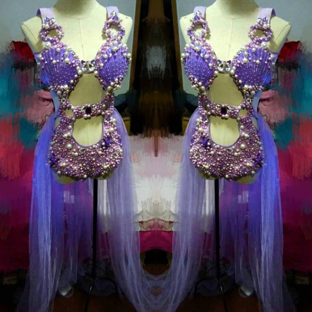 

Purple Shell Pearl Crystals Bodysuit Three Piece Sets Shining Crystals Female Bodysuit Sexy Bar DJ Singer Dancing perIformance