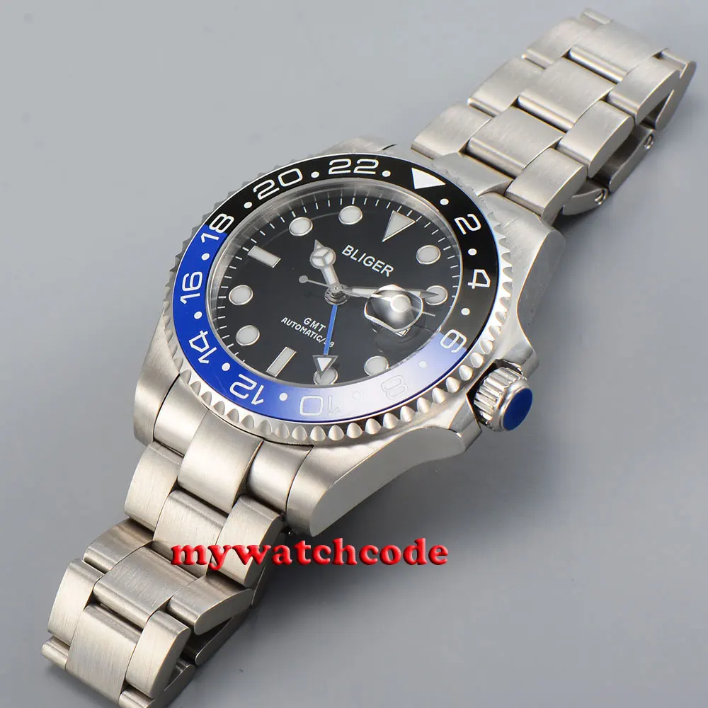 43 мм Bliger черный циферблат керамический ободок GMT сапфировое стекло