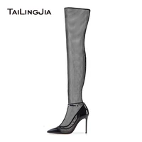 sexy high heel black stretch mesh sock boots pointed toe over the knee high boots stiletto heel sandals summer shoes 2022