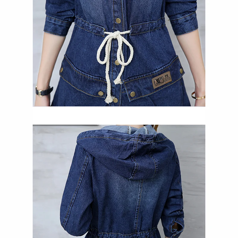 2018 Демисезонный Для женщин Джинсовый плащ с длинным рукавом капюшоном плюс