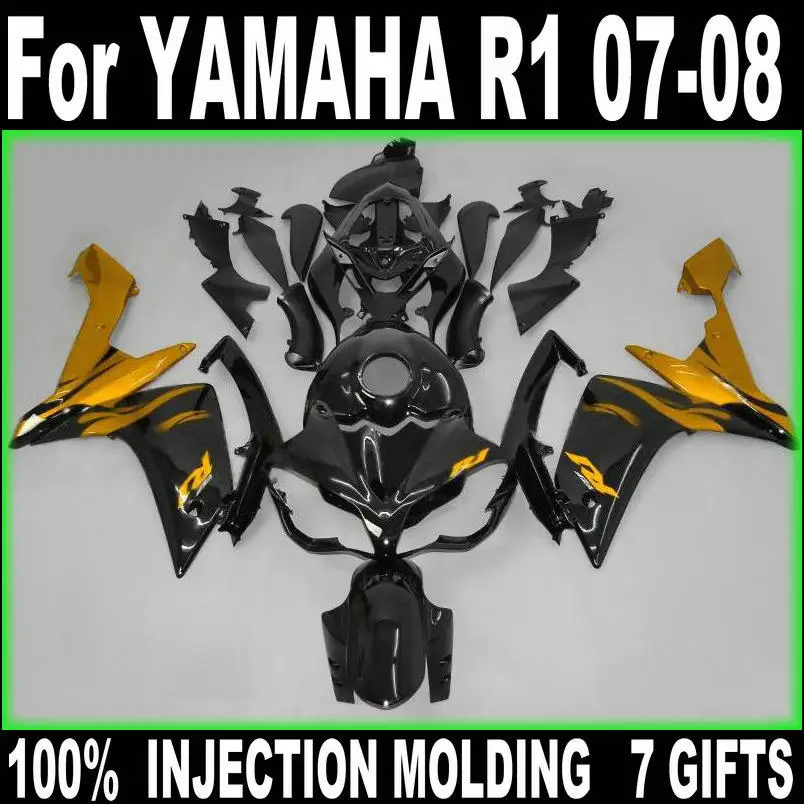 

Injection molding free customize fairings for Yamaha YZF R1 07 08 gold black fairing kit YZFR1 2007 2008 +7 free gifts BD57