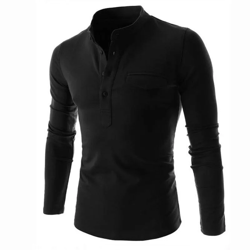 New Design Solid Color Polo Shirt Men 2019 Fashion Stand Collar Gray Long Sleeve Casual False Pocket Henley Man | Мужская одежда