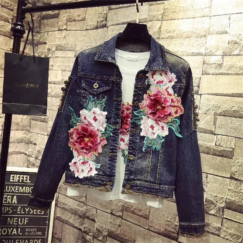 

Embroidery Rose Floral Mouse Beading Pearl Sequin Patch Epaulet Ripped Hole Bomber Denim Jacket Embroidered Jean Coats