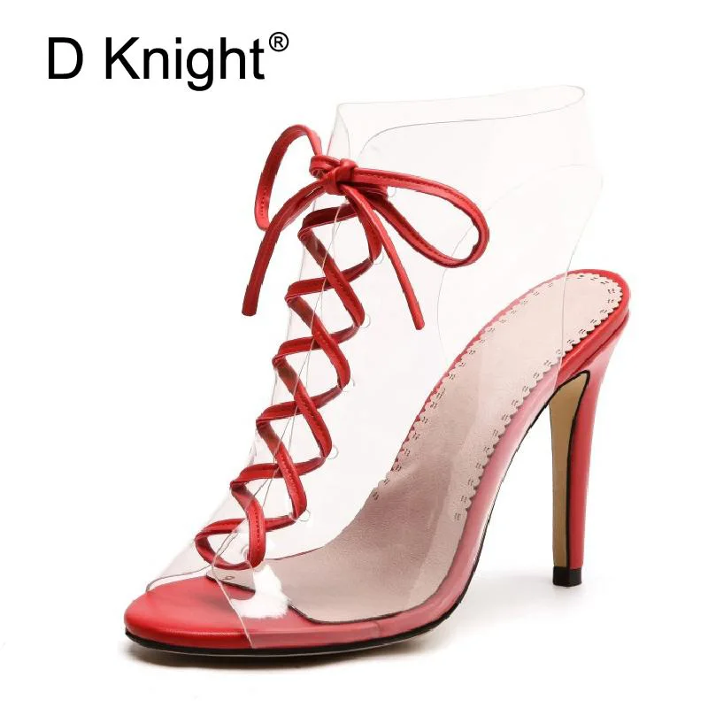 

Прозрачная обувь женские босоножки на высоком каблуке Летняя прозрачная обувь красные женские босоножки на тонком каблуке со шнуровкой в р...