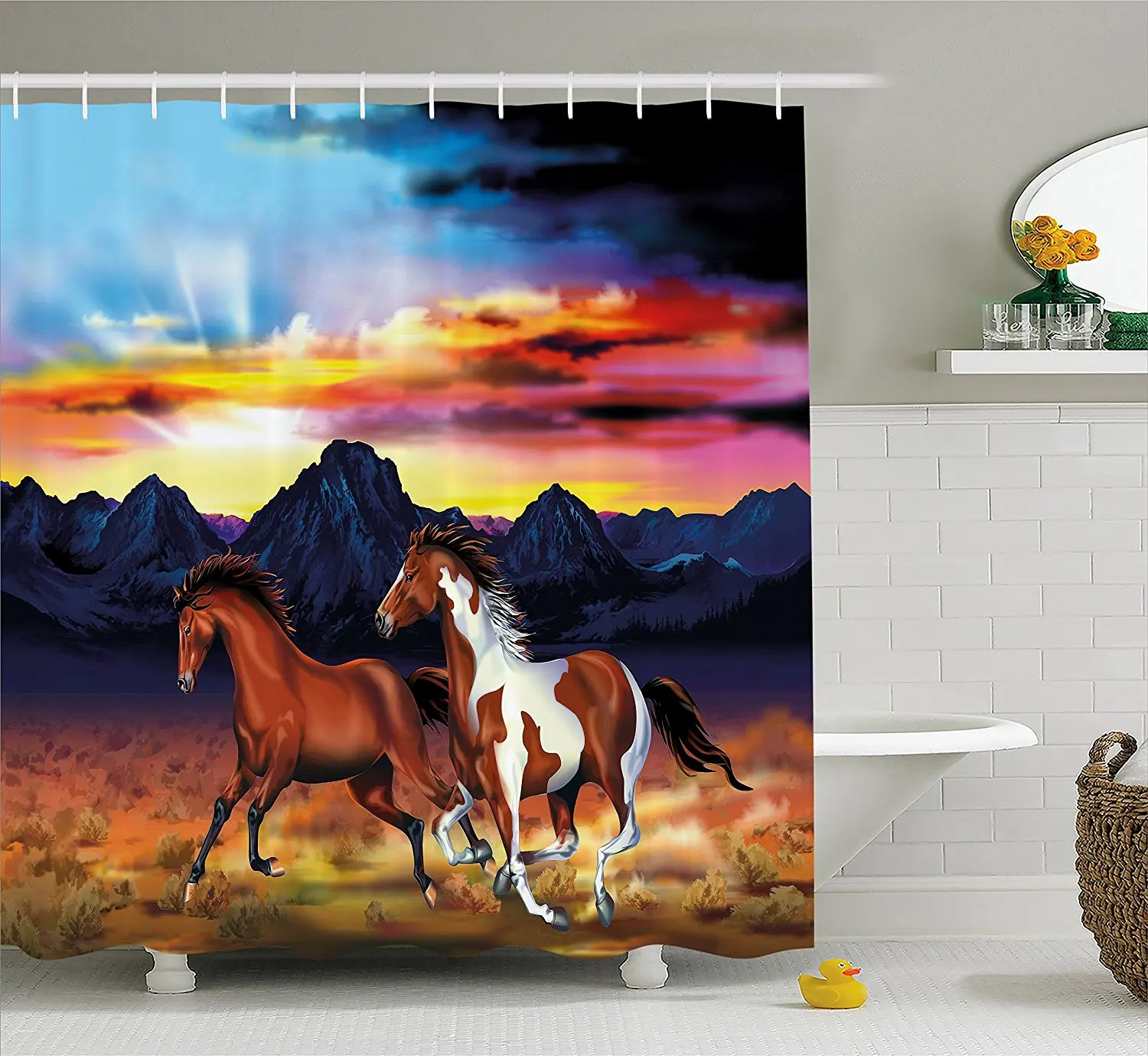 Западной душ Шторы Running диких лошадей на закате художественный Сельский пейзаж