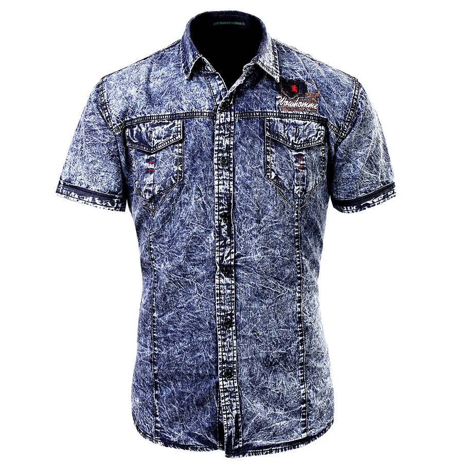

Summer 2017 Fashion Cotton Man Casual Slim Fit Denim Cargo Shirts/European Style Male Short Sleeves Jeans Shirts