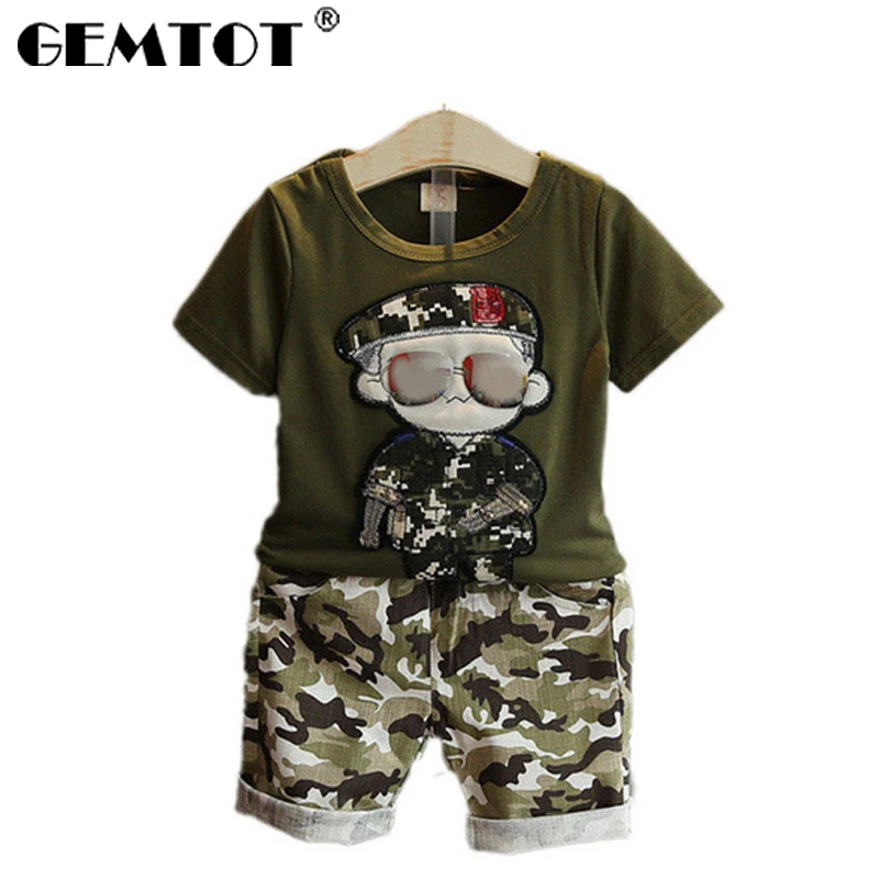 GEMTOT children's suit 2019 summer new boy casual cartoon cotton T-shirt five pants camouflage two-piece |