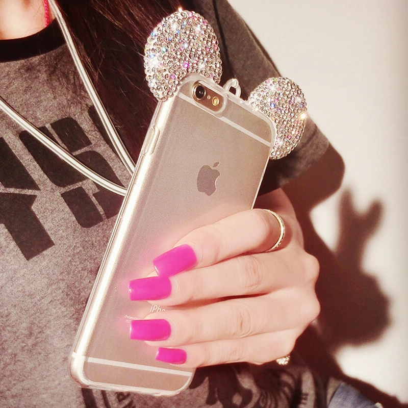 Новые моды 3D Микки Маус Для iPhone 7 6 S 4.7 дюймов Горный Хрусталь уши Мягкий