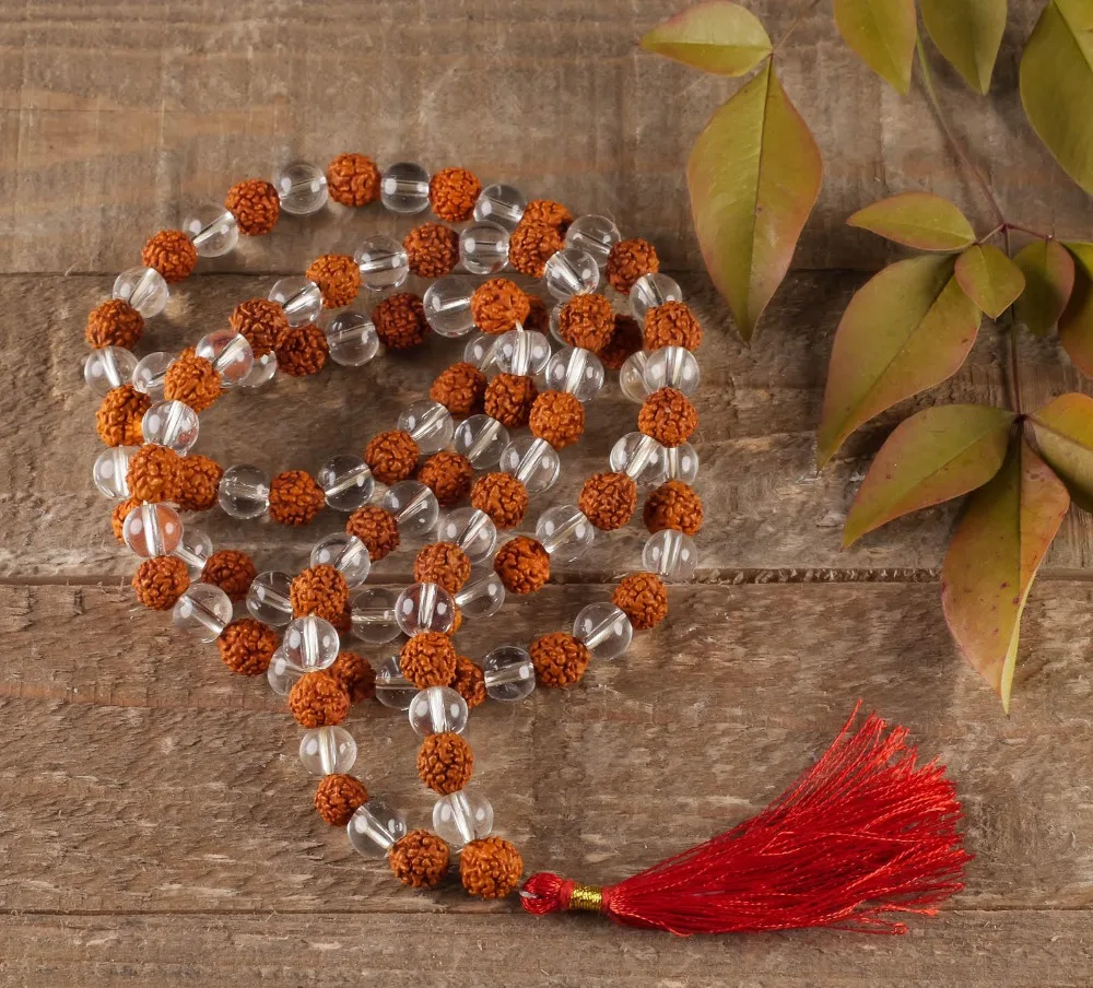 108 Mala Beads рудракша бусина и Прозрачное кварцевое ожерелье с кисточкой 8 мм круглые
