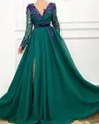 Темно-зеленые вечерние платья, кружевное платье с длинным рукавом, модное вечернее платье с V-образным вырезом и цветами, вечерние платья с разрезом спереди для выпускного вечера