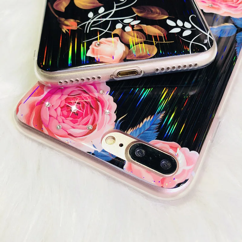 Kerzzil красочные лазерные Стразы Цветы Чехлы для iPhone X 7 8 Plus Алмазный Мягкий ТПУ