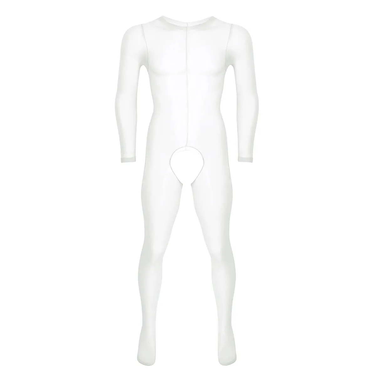 Mens Sexy Lingerie See Through Sheer Long Sleeves Round Neck Crotchless Footed Stretchy Body Pantyhose Tights Full Body Stocking - Цвет: White