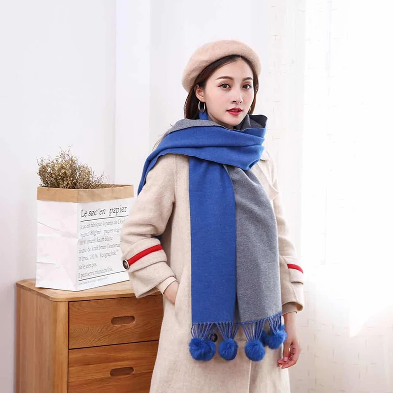 Модный женский двухсторонний Флисовый Шарф с помпонами из кроличьего меха |