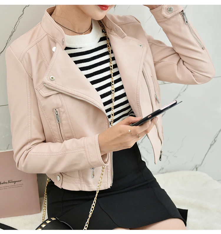 Женская кожаная куртка с косой молнией короткие мотоциклетные кожаные куртки