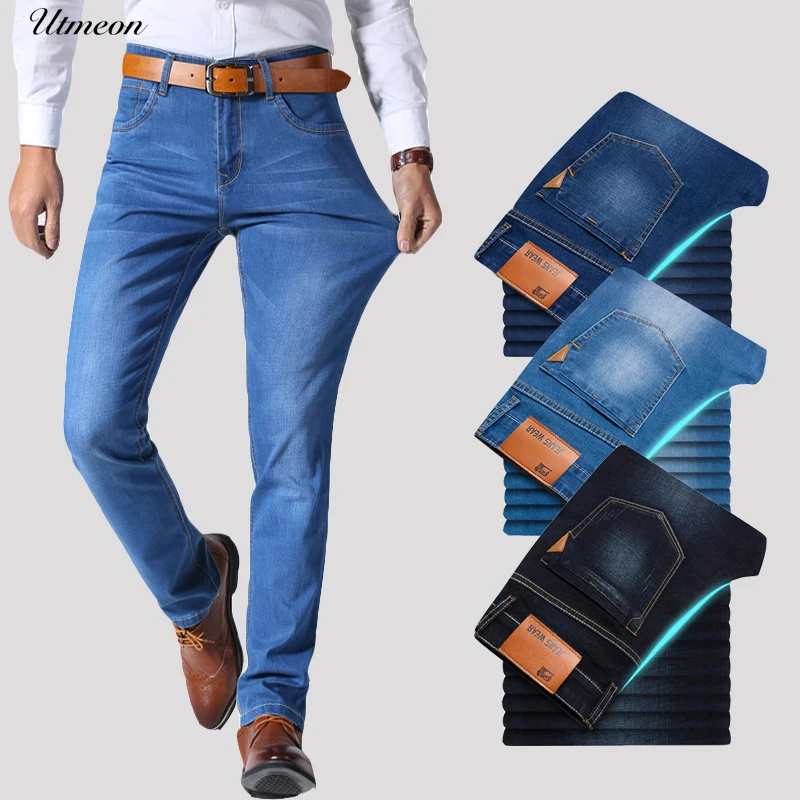 Summer New Men's Thin Light Jeans Business Casual Stretch Slim Denim Blue Trousers Male Brand Pants Plus Size pant | Мужская одежда