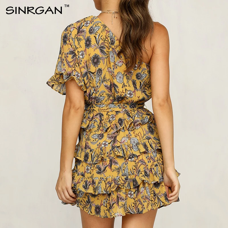 SINRGAN Желтый цветок принт бохо одно плечо платье для женщин Шифон с оборками