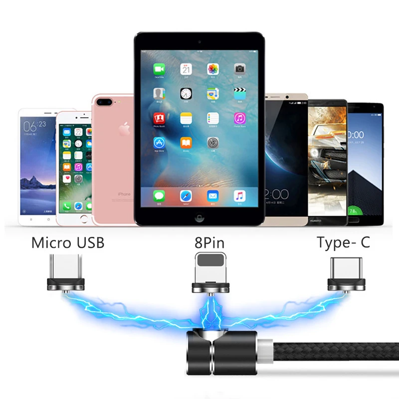2 м L Line 90 градусов 3 в 1 Магнитный кабель Micro USB и usb type C светодиодный магнитный для