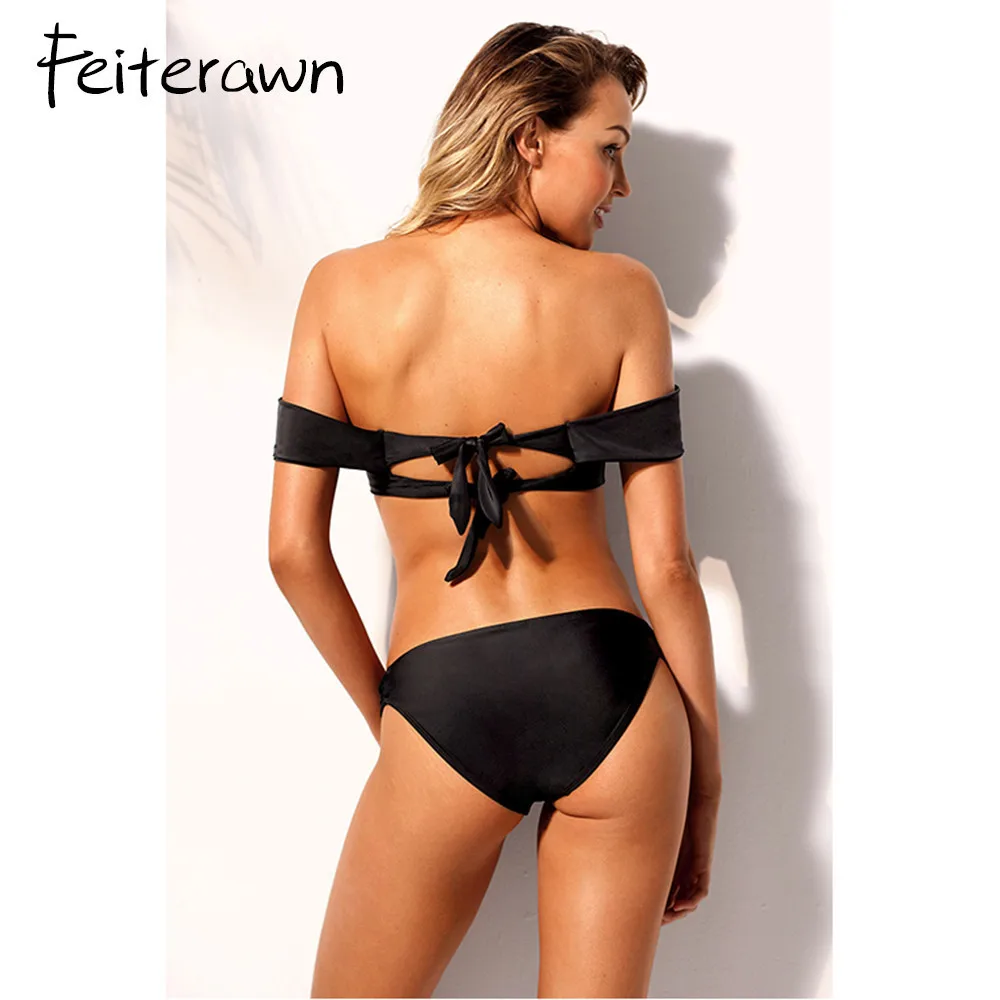 Feiterawn черный Biquinis Feminio 2018 с открытыми плечами и v-образным вырезом Maillot De Bain Mujer