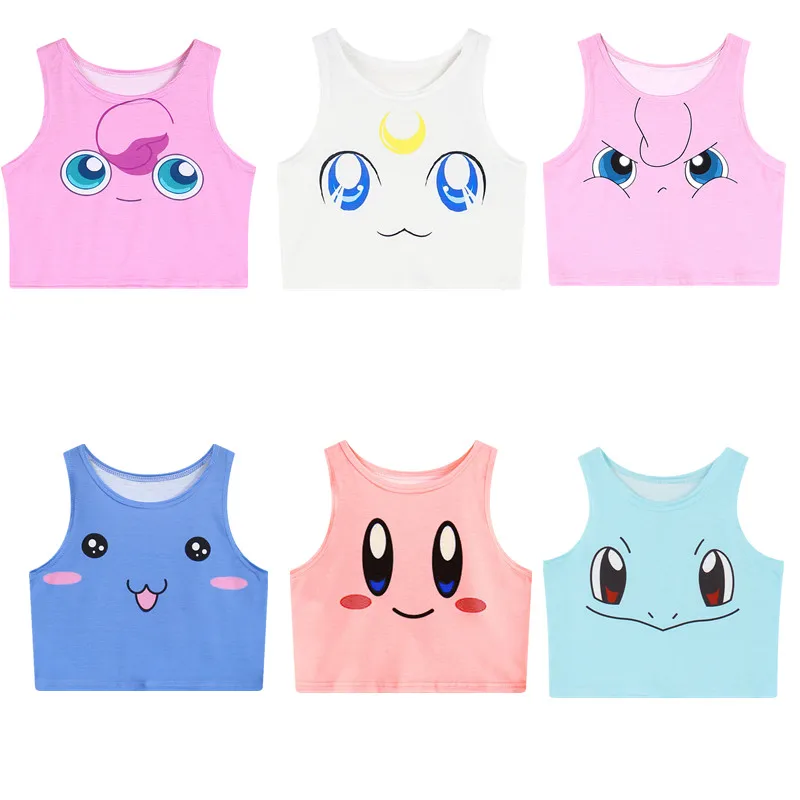 New Cartoon Pattern Crop Top Women Camis Pikachu Charmander Squirtle Print tank Tops Colorful Sleeveless Tee Vest |